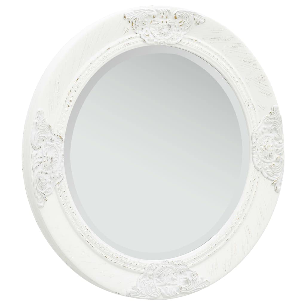 Lustro ścienne w stylu barokowym, 50 cm, białe, antyczny wygląd, lustro z drewnianą ramą i zdobionym barokowym wzorem, ścięte krawędzie, łącznie z zamontowanym hakiem do natychmiastowego