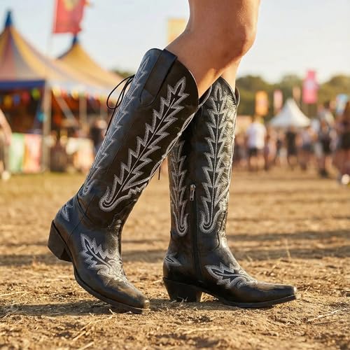 Image of Uillnoodu Wide Calf Cowboy Boots Women Adjustable Lace Up Knee High Tall Plus Size Cowgirl Boots Western Style Comfortable 2-Inch Heel