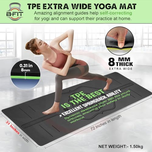 Image of B Fit 8 MM Thick Wide 31x72 Inch Original TPE Yoga Mat - Free Yoga Bag and Strap Included - With Alignment System, Non-slip, Eco-friendly, sweat-resistant (Green-Black)