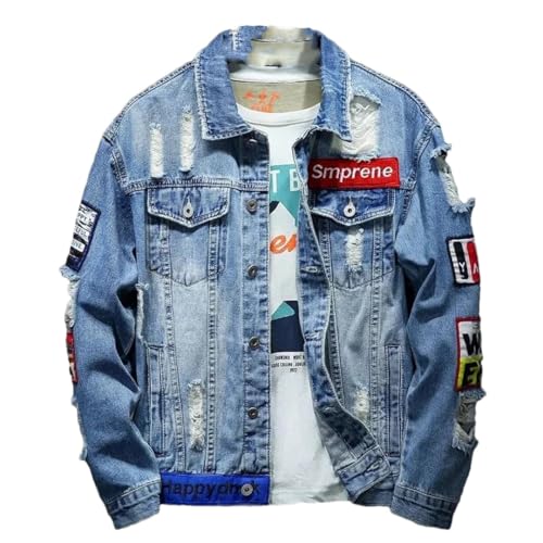 Generic Men Hip Hop Streetwear Punk Motorcycle Ripped Print Cowboy Outwear Denim Jacket Jeans Coat