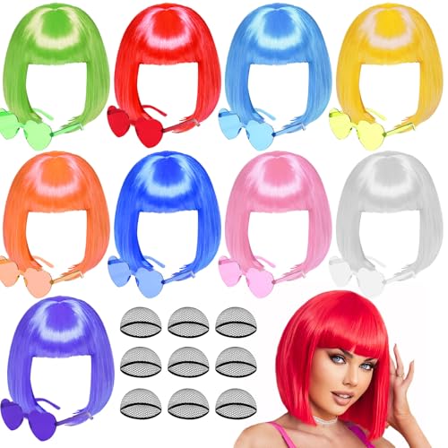 Short Bob Wigs and Heart Sunglass Set Colored Wigs for Women Men Bachelorette Christmas Daily Costume Party Decorations Neon Wigs with Free Wig Cap Natural As Real