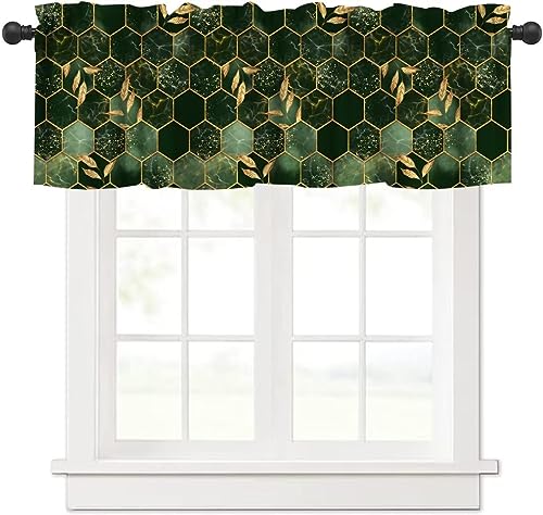 Image of Hunter Green Marble Window Valance Curtain, Abstract Dark Green Marble Hexagon Texture Golden Leaves Window Valances Treatments for Kitchen Living Room Cafe Decor 54'x18', 1 Panel