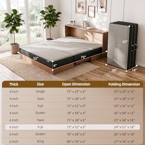 Image of ROXGOX Memory Foam Trifold Mattress, Foldable Mattress Full Size 6 Inch, Portable Floor Bed with Washable Cover, Handle & Non-Slip Bottom, for RV, Travel, Camping, Yoga, 73 inchx52 inchx6 inch, Grey