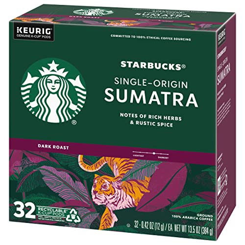 Image of Starbucks Coffee K-Cup Pods, Sumatra Single-Origin Coffee, Dark Roast Ground Coffee, Keurig Genuine K-Cup Pods, 32 Count (Pack of 4)