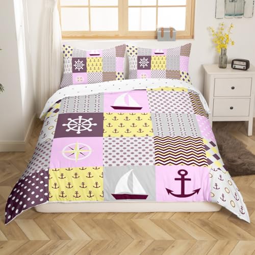 Castle Fairy Nautical Plaid Duvet Cover Set Twin Size,Cute Anchor Rudder Ship Reversible Comforter Cover (Not Comforter),Purple Yellow Geometric Patchwork Polyester Bedding Set Bedroom Decor, 2 Pcs