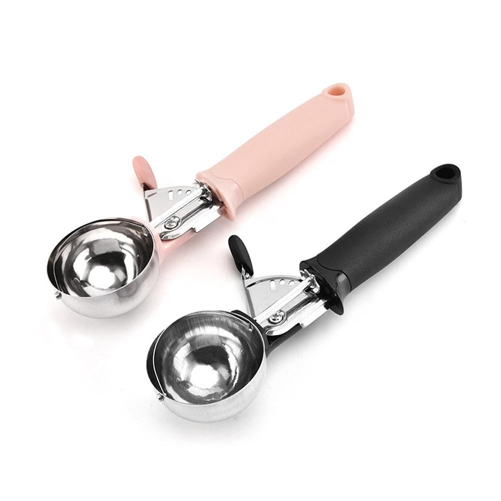 2PCS Ice Cream Scoop with Trigger - Stainless Steel Scooper for Easy Serving - Ergonomic Handle, Non-Stick Design -Ideal for Ice Cream, Cookie Dough, Melon (black +pink)