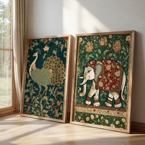 Image of Livin'luxe Set of 2 Peacock and Elephant Wall Art Premium MDF Wooden color Color Framed HD Sparkle Lamination Printed Traditional Indian Painting for Living Room Bedroom Home Decor