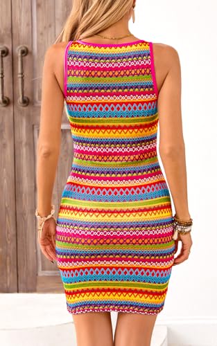 Image of PRETTYGARDEN Womens 2026 Summer Mini Dresses Square Neck Sleeveless Tank Bodycon Striped Boho Sundress Beach Vacation Outfits