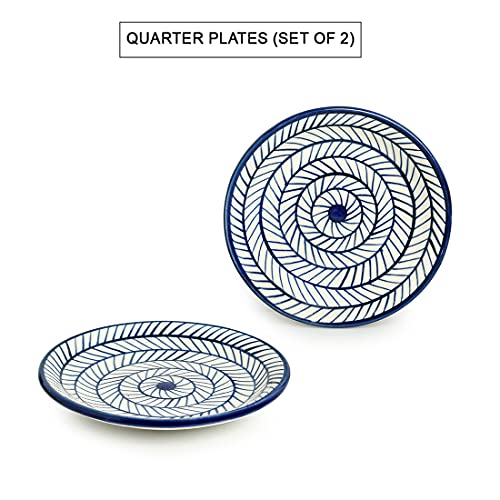 Image of ExclusiveLane 'Indigo Chevron' Handpainted Ceramic Side Plates & Ceramic Quarter Plates(7 Inch, Set of 2, Dishwasher & Microwave Safe) Ceramic Plates for Dinner Serving Plates Starter Snacks Plates