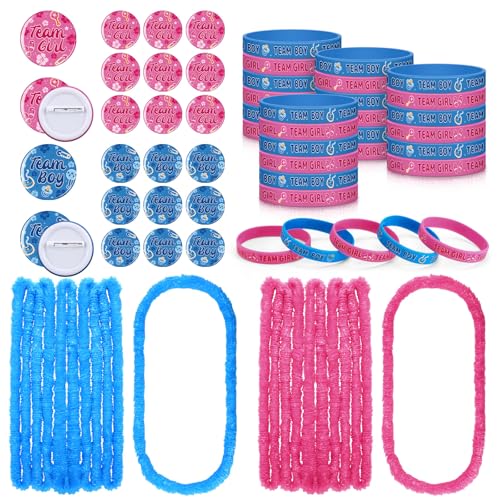 Suncalla 150 Pcs Baby Gender Reveal Party Favors Include 50 Blue and Pink Leis Hibiscus 50 Gender Reveal Pin 50 Team Bracelet for Baby Shower Luau Supplies