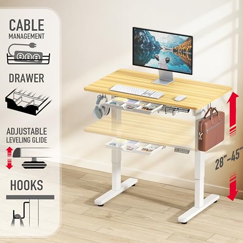 Image of SHW 40-Inch Electric Height Adjustable Standing Desk with Drawer, Memory Preset and Cable Management Tray, Oak
