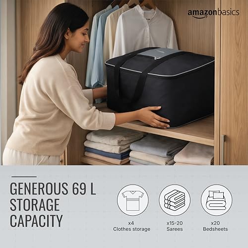 Image of amazon basics 69L Large Storage Bag (Pack Of 2) | Moisture Proof Nylon Big Storage Bag For Clothes With Wide Handles | Wardrobe Packing Container for Winter Blankets | 54x46x28 cm | Grey