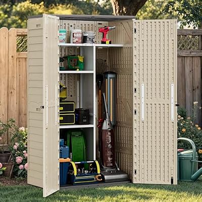 YITAHOME 60 cu ft Tall Outdoor Storage Shed w/o Shelf, Resin Vertical Outdoor Storage Shed, Large Waterproof Storage Cabinet for Garage, Poolside, and Garden (Khaki + Black)