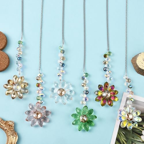 Image of 6 PCS Crystal Flower Suncatchers Hanging Ornaments Colorful Crystal Sunflower Rainbow Maker Hanging Pendant Windows Indoor Outdoor Garden Decorations