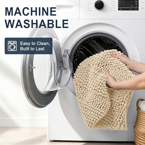 Image of Smiry Thick Chenille Large Bathroom Rugs 40x24, Extra Soft Absorbent Striped Bath Mat, Machine Washable, Rubber Backing, Bath Rugs for Bathroom, Tub & Shower, Home Decor Accessories, Beige