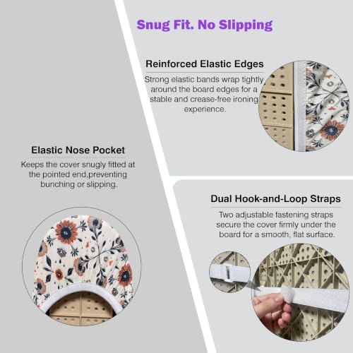 Image of Ironing Board Cover and Pad 18x49 Large, Extra Thick Natural Cotton, Silicone Coated, Scorch Resistant, Elastic Edge with Hook Loop Strap, Wide Iron Board Padding, Heatproof Floral