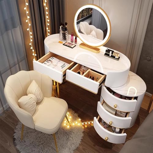 Mesa de tocador de granito de 80/100 cm con iluminación LED, espejo y silla, escritorio de maquillaje de madera maciza con 5 cajones, elegante tocador blanco para dormitorio