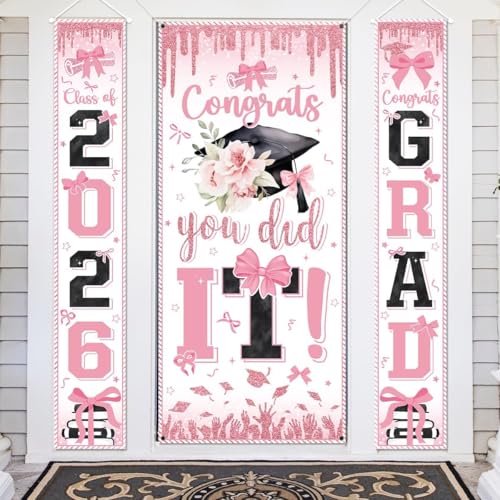 Image of Pink Graduation Decorations Class of 2026 Congrats Grad Banner and You Did It Door Cover for High School College Grad Party Supplies