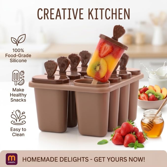 Image of BPA Free Ice Lolly and Kulfi Maker Set of 8 Reusable Popsicle Moulds Food Grade Plastic Ice Cream Popsicle Maker for Home Kitchen Multicolor (Brown)