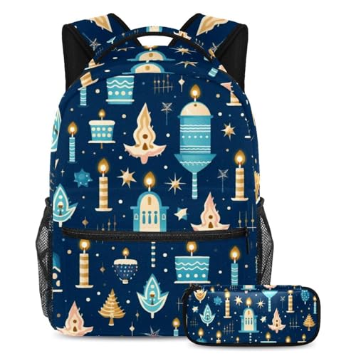 Bougies Hanoukka bleues et grand sac à dos scolaire avec trousse