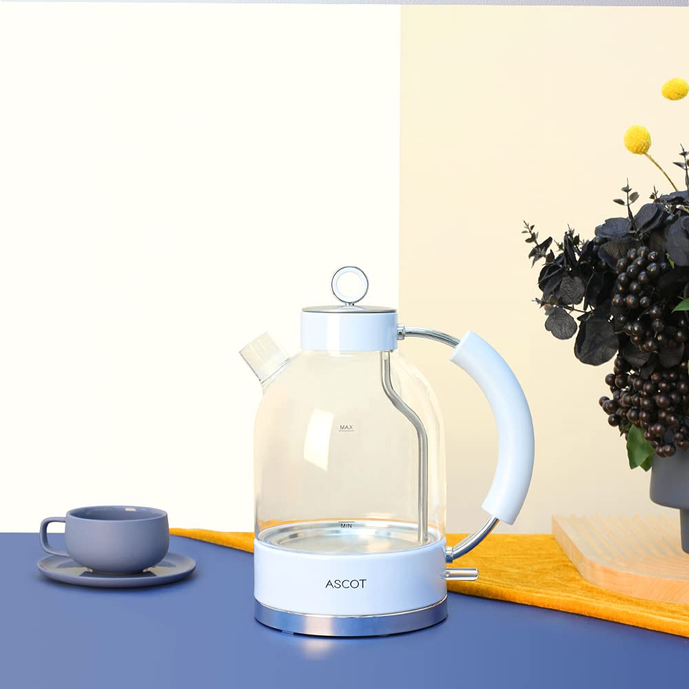 Bollitore Acqua Elettrico, ASCOT Bollitore Elettrico in Vetro, 2200W, 1.6L, Spegnimento Automatico, Protezione Boil-dry, Niente Plastica BPA-Free Teiera