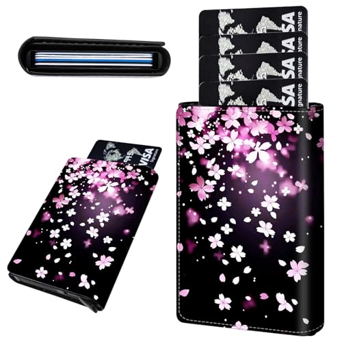 Credit Card Holder Aluminum Auto Pop Up Wallet, Slim Minimalist Credit Card Holder For Men and Women, Leather Card Case Front Pocket Trifold Wallet RFID Blocking Wallets,Pink and Purple Blossoms