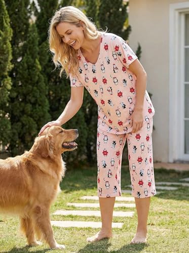 Image of CHUNG Women Cotton Pajama Sets Sleepwear pjs Short Sleeve Shirt Capri Length Crop Pants Cute Vivid Print