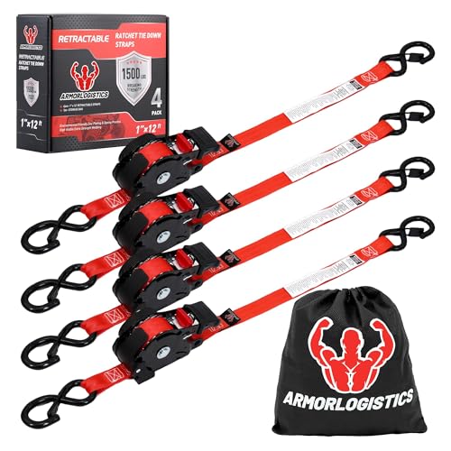 Image of Retractable Ratchet Straps 4 Pack, 1 in x 12 FT Auto Ratchet Straps for Motorcycle, Kayak and Trucks, Breaking Strength 1,500LBS /500LBS Working Load Limit Red