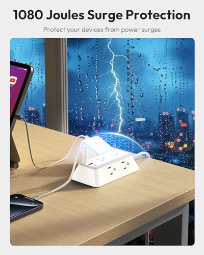 NTONPOWER Power Strip con enchufe plano cable de 15 pies, regleta con montaje en pared y USB C para oficina en casa, blanco miniatura 5
