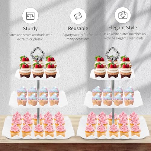 Cake Stand 3 Tier - 2 Pack Afternoon Tea Stand, 34cm Plastic Reusable Tiered Cupcake Display Stand, Large Square 3-Tier Dessert Holding Tower for Birthday Wedding Party Food Serving Platter, White - Cosy Home Interiors Cake Stand 3 Tier - 2 Pack Afternoon Tea Stand, 34cm Plastic Reusable Tiered Cupcake Display Stand, Large Square 3-Tier Dessert Holding Tower for Birthday Wedding Party Food Serving Platter, White - Image 4