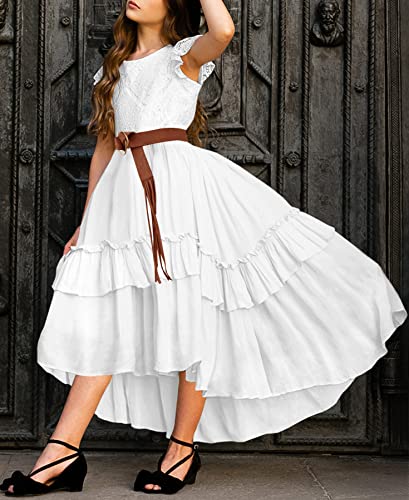 HOSIKA Girls Lace Boho Flower Girl Dress Ruffle Sleeve A-Line Formal Dresses for Wedding Party 6-12 Years3