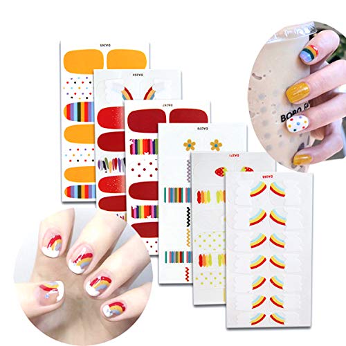 Full Nail Stickers 6 Sheets Nail Wraps Self-Adhesive Nail Art Decals False Nail Design Manicure Set for Women Girls Full Nail Art Polish Stickers