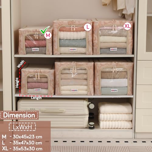 Image of HOKIPO Folding Storage Box and Organiser for Clothes, 600D Oxford Fabric Storage Box, Beige Botanica - Medium Pack of 2 (AR-6488-BGE*2)