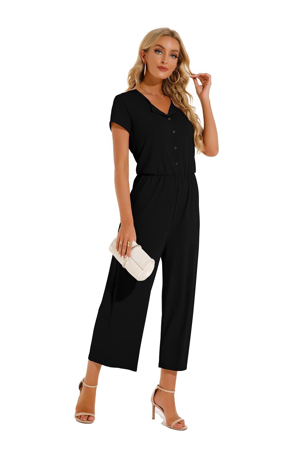 Cassiecy Jumpsuit Damen Elegant Kurzarm Playsuit V-Ausschnitt Casual Lose Overalls Lang Romper