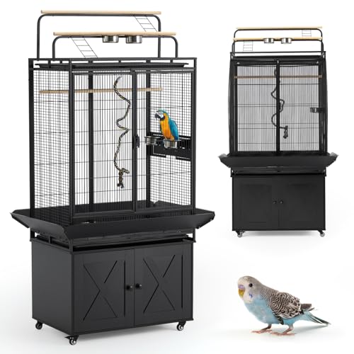 AVAWING 70-Inch Bird Cage with Play Top & Storage Cabinet Tall Big Bird Flight Cage with Pull-Out Tray Feeders Cover Stand Rope Metal Bird Aviary for Macaw Parakeet Cockatiel Budgie Black