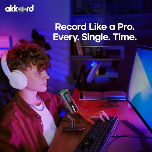 Image of Akkord USB Condenser Microphone with RGB Lights, Real-Time Monitoring, Noise Cancellation, Plug & Play USB-C Mic for PC, Mac, Android, iPad - Ideal for Podcasting, Gaming & Streaming