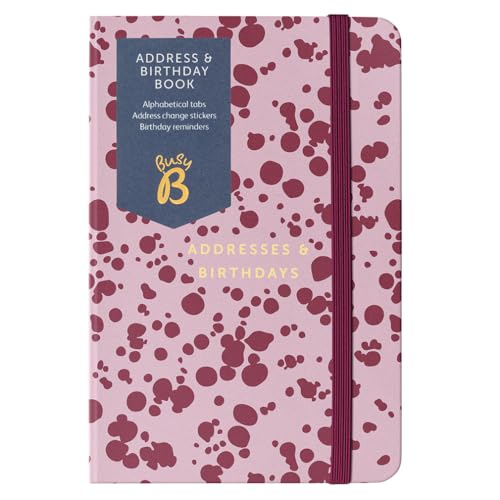 Busy B Address & Birthday Book - Burgundy Spray Print Cover with Alphabetical Tabs, Address Change Stickers, Birthday Reminders, Handy Pockets & Elastic Closure Band