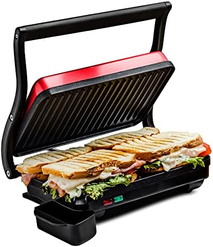 Ovente Electric Indoor Panini Press Grill with Non-Stick Double Cooking Plate, 1000W with Thermostat Control and Removable Drip Tray for Easy Clean, Ideal Sandwich Maker for Breakfast, Red GP0620R
