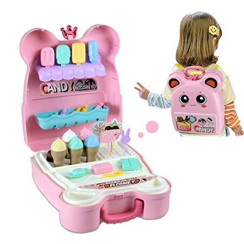 W Q Pretend Play Toys Sets for Kids Ice Cream Toy Candy Carrier Backpack for Girl, Play Kitchen Food Educational Game Birthday 29PCS