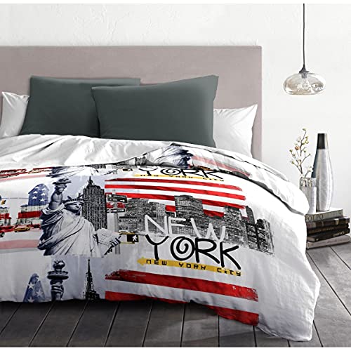 Home Linge Passion Dream in New York Parure de Couette 3 Pièces, Microfibre, Blanc-Rouge-Gris, 220x240 cm HP61854