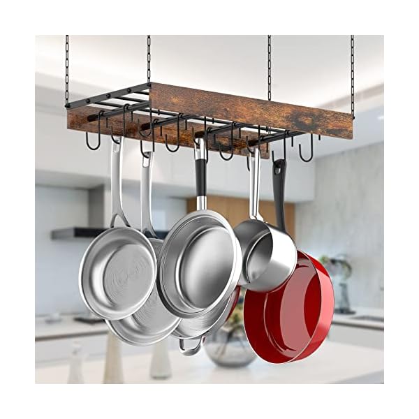 MAWEW Pot Rack Hanging,pot hanger,Hanging Pot Rack Ceiling Mount,Vintage Pot Hangers for Kitchen Ceiling,The Terfect Combination of Iron and Wood Pot Hanger,Measures 24 x 13 x 2.4 Inches.（Black）