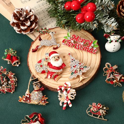 Image of 12PCS Merry Christmas Brooches, Rhinestone Crystal Pins for Women