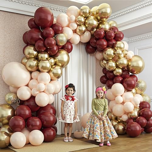 Image of Burgundy Balloon Garland Arch Kit,412Pcs Burgundy and Sand White Metallic Gold Balloons for Wedding Bridal Shower Birthday Wine Anniversary Engagement Party Graduation Decorations