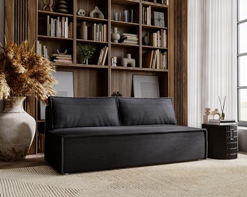 Kaiser Möbel, Klappsofa mit Schlaffunktion, Sofa Duo, Schlafsofa Couch, Loungesofa, Bettsofa, Wohnzimmer, Schlafzimmer, ​POSO Stoff- Cord 90 x 200 x 92 cm Dunkelgrau