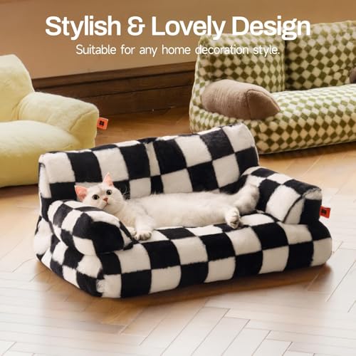MEWOOFUN groß Katzenbett kleines Hundesofa Flauschig und waschbar Katzensofa Hundebett für Katzen, weich Katzenbett katzencouch mit Rutschfester Unterseite, Schachbrett 66x48cm