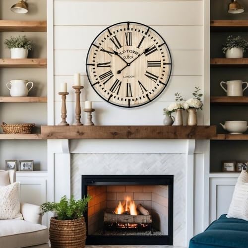 Image of EMAX HOME Rustic Farmhouse Wall Clock 24 Inch, Vintage Oldtown London Wooden Large Clock with Silent Tick, for Bedroom, Office, Kitchen, Indoor Home Decoration