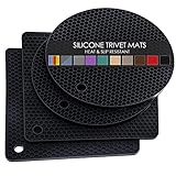 4 Pack Silicone Trivets for Hot Pots and Pans, Black Hot Pads Pot Holders, Non-Slip & Heat Resistant Silicone Mats for Kitchen Counter, Soft Durable Drying Mat, Jar Opener and Coasters, Black