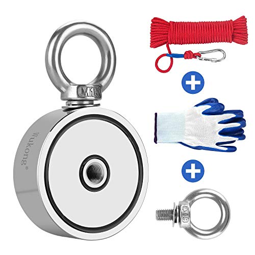 Wukong Aimant de pêche en néodyme Double Face avec 20m de Corde et Une Paire de Gants?Diamètre 67mm,Combiné 350Kg Extrêmement Traction Puissant pour pêche à l'aimant et récupération dans la rivière
