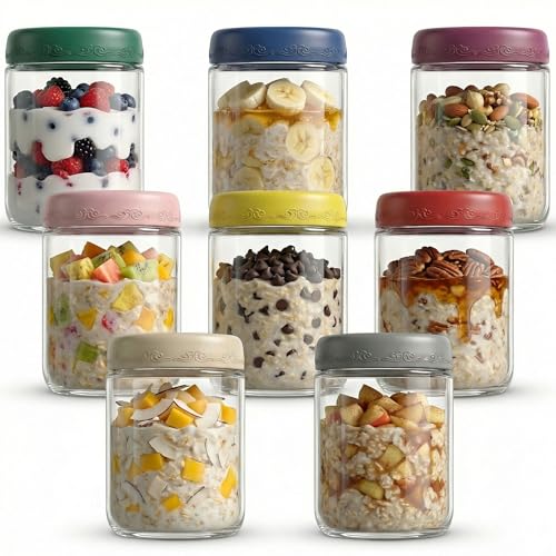 GLATABAM 16 OZ Overnight Oats Jars with Lids 8 Pack Glass Meal Prep Containers Reusable Food Storage Jars Airtight Mason Jars for Breakfast Yogurt Parfait Salad Smoothies(8 Pack)