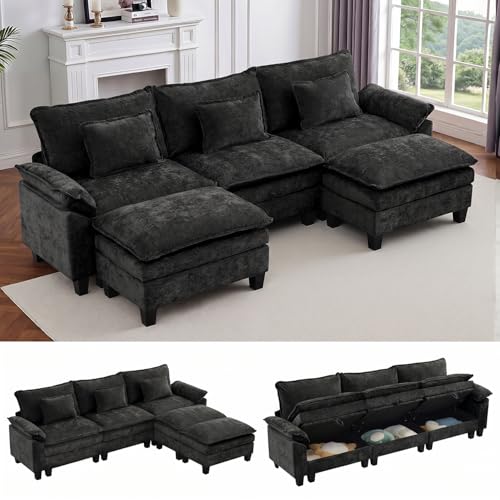Image of IPKIG 117 inch Modular Cloud Couch with Storage, U Shaped Sectional Sofa with Ottoman & Pillow, Chenille Deep Seat Sectional Couches for Living Room, Apartment, Black